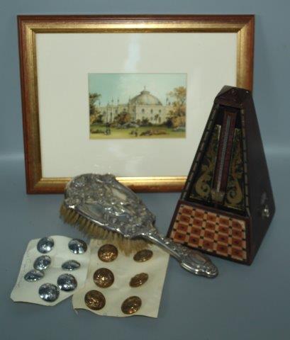 Silver putti brush, military buttons, metronome etc.